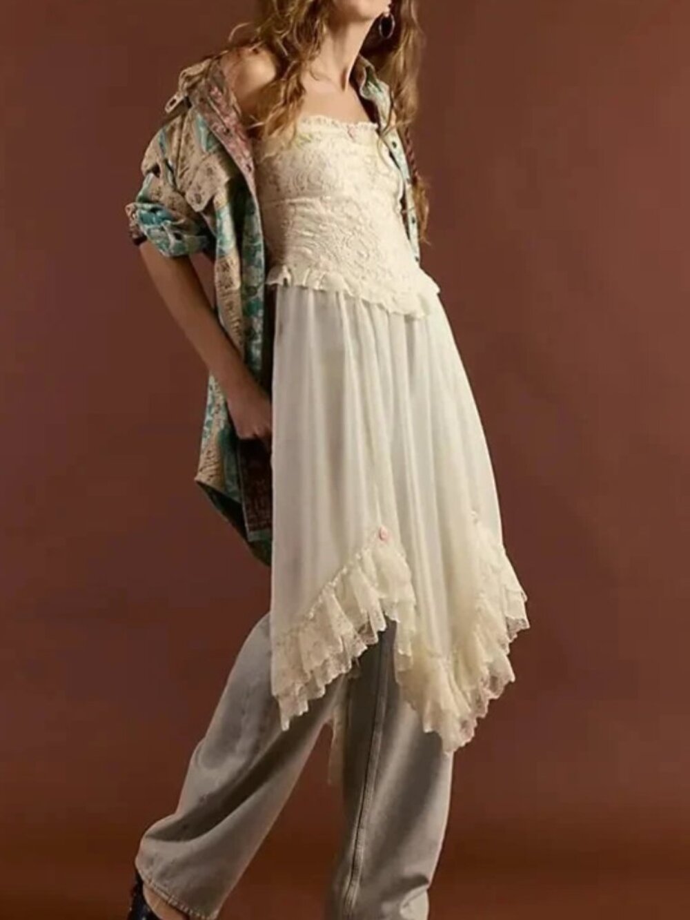 Free People Jocelyn Maxi Tunic Top Strapless Tube Sweetheart Neck Lace Ruffle S